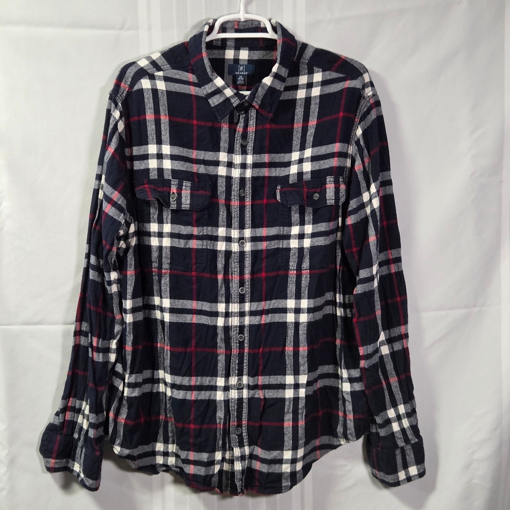 George Button Down Shirt Mens 2XL Blue Multi Plaid Long Sleeve Flannel Style